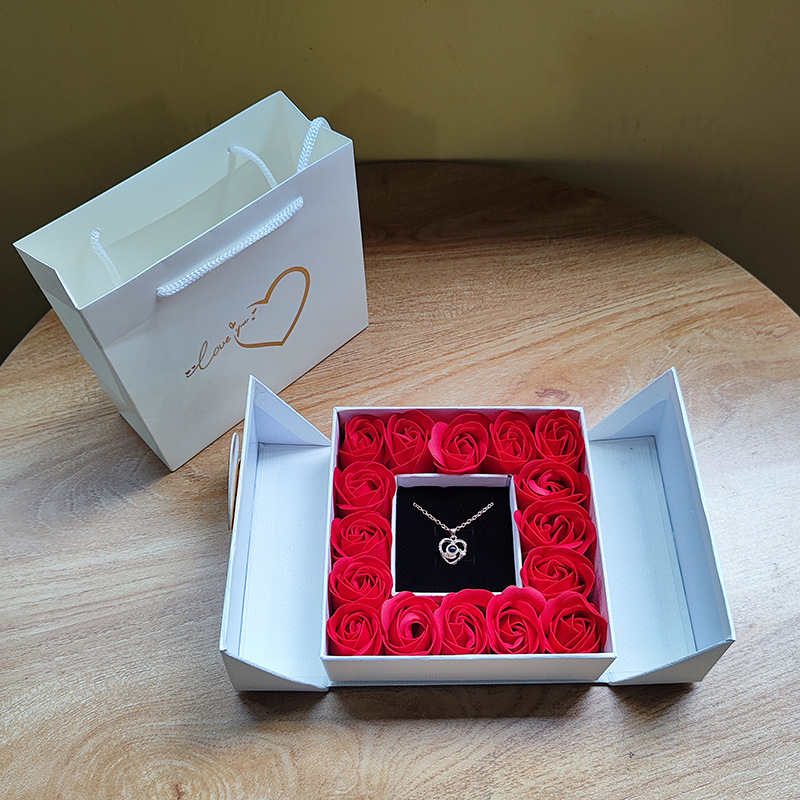 Cutie pentru bijuterii cu uși duble – carton, ambalaj pentru bijuterii, pentru colier/pendant, cu 16 flori de trandafir, cutie cadou și pungă cadou