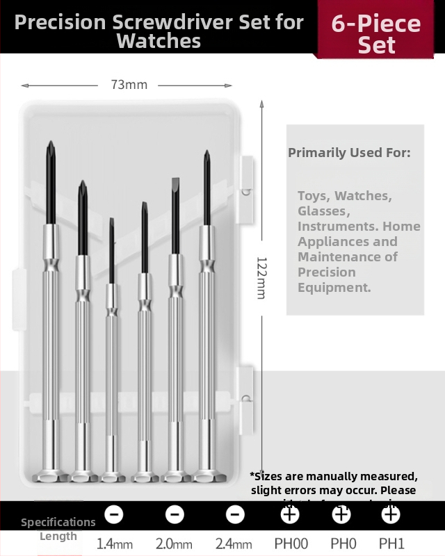 Pulksteņa skrūvgriežu komplekts ar krustojošu un plakano uzgaļu, augstas cietības oglekļa tērauds, remontam un demontāžai