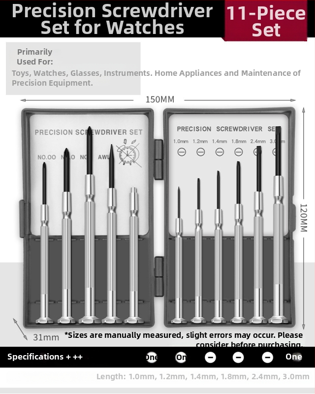 Pulksteņa skrūvgriežu komplekts ar krustojošu un plakano uzgaļu, augstas cietības oglekļa tērauds, remontam un demontāžai