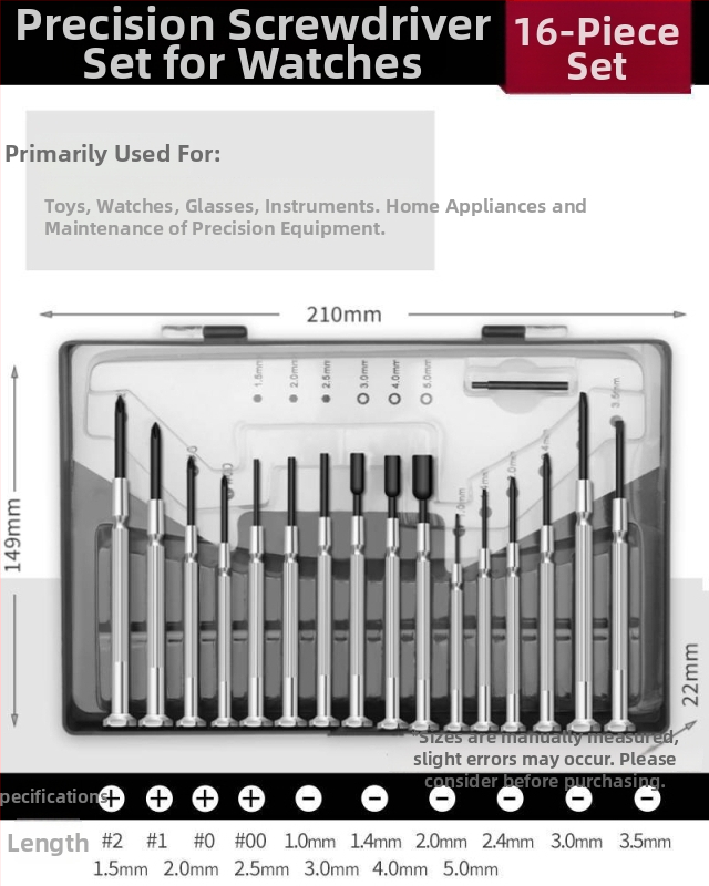 Pulksteņa skrūvgriežu komplekts ar krustojošu un plakano uzgaļu, augstas cietības oglekļa tērauds, remontam un demontāžai