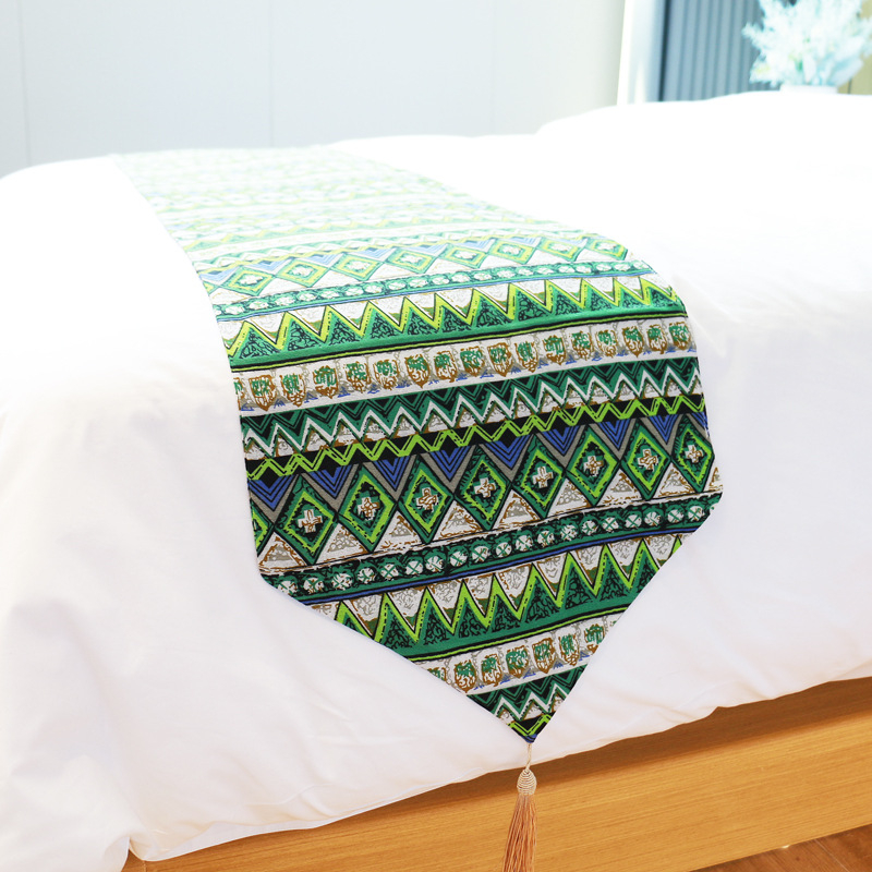 Boheemiline puuvillase-lina voodikaunistus koos voodi lipu ja äärte kangaga, triibuline, kohandatav, hotellistiil