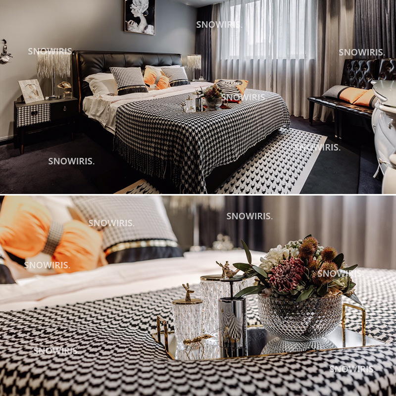 Pletena kauč deka s uzorkom Houndstooth, geometrijski uzorak, jednostavan moderni skandinavski stil; skupljanje 2-3%, postojanost boje 2-3%