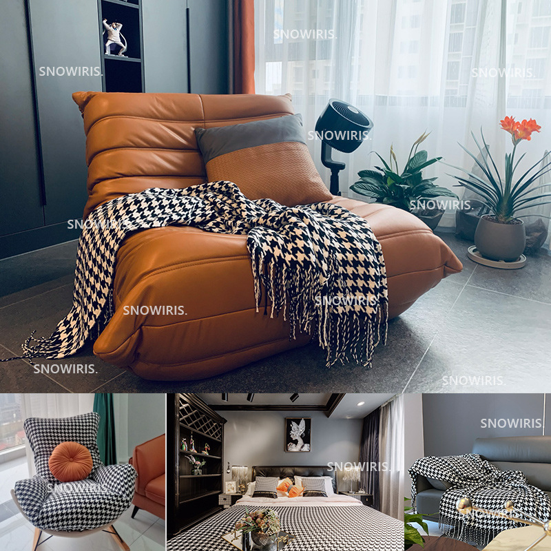 Pletena kauč deka s uzorkom Houndstooth, geometrijski uzorak, jednostavan moderni skandinavski stil; skupljanje 2-3%, postojanost boje 2-3%