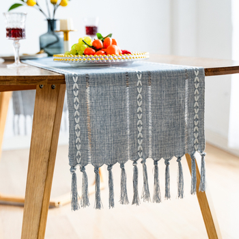 Пътека за маса с пискюли, ръчно изработена, райе модел, ленено-полиестрова смес, 30% лен, 70% полиестер, за всекидневна, спалня, кабинет