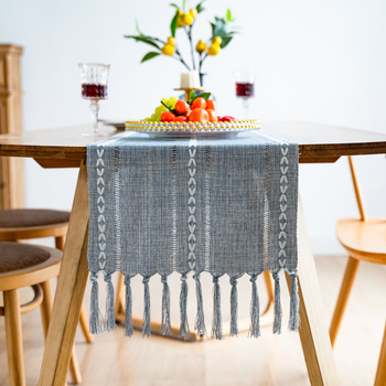 Пътека за маса с пискюли, ръчно изработена, райе модел, ленено-полиестрова смес, 30% лен, 70% полиестер, за всекидневна, спалня, кабинет