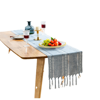 Пътека за маса с пискюли, ръчно изработена, райе модел, ленено-полиестрова смес, 30% лен, 70% полиестер, за всекидневна, спалня, кабинет