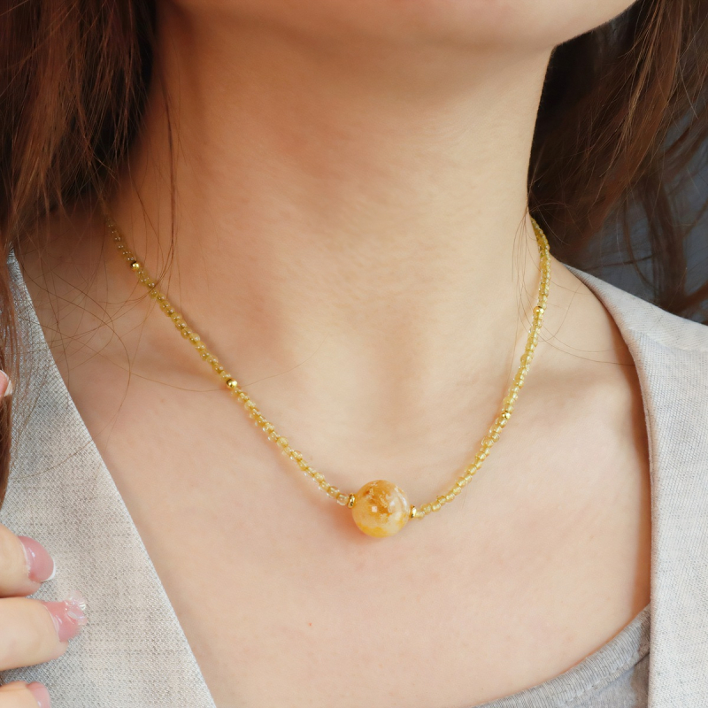 Ogrlica od prirodnog citrina s geometrijskim privjeskom, ručna izrada, privjesak od 18k zlata, kuglični lanac, unisex