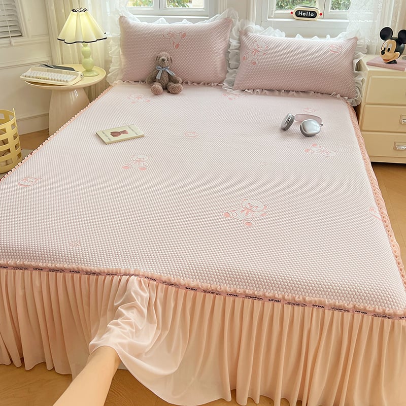 Комплект ледено-коприна матове за легло – миещи се, сгъваеми, жакардова тъкан, вискозно влакно, три части