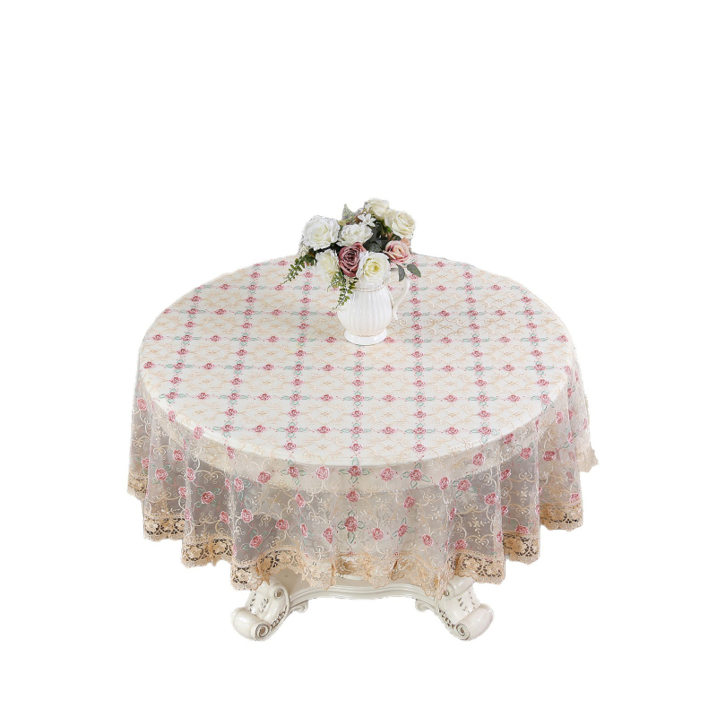 Covor de masă rotund în stil european, poliester, impermeabil, rezistent la uzură, anti-praf, model broderie geometric