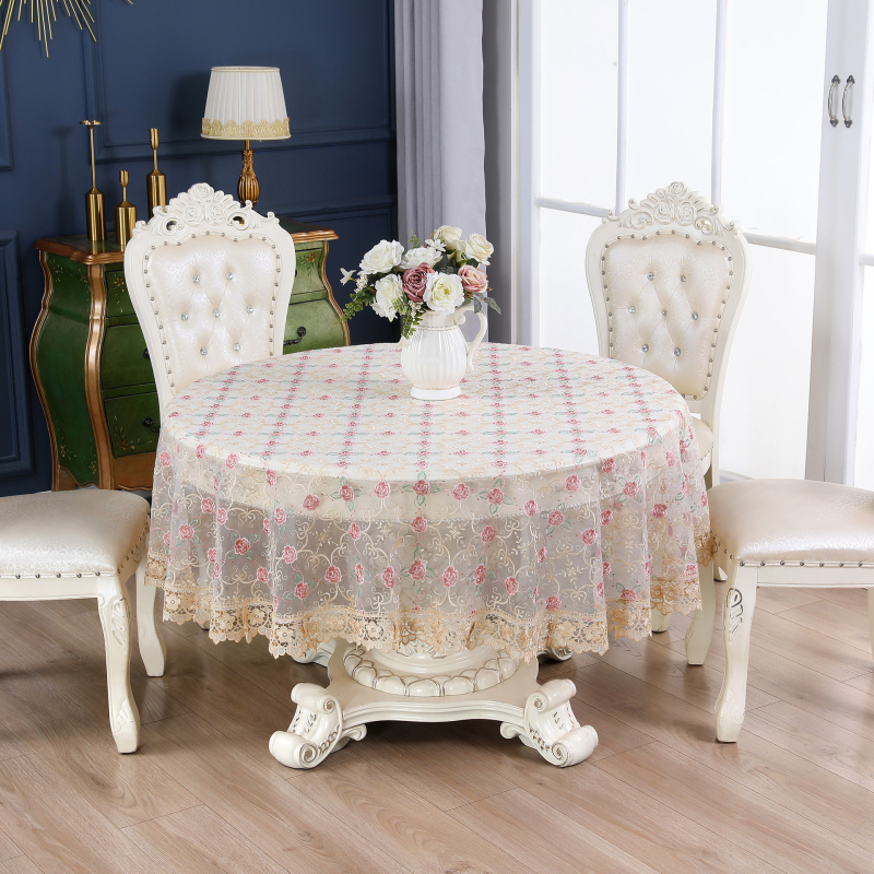 Covor de masă rotund în stil european, poliester, impermeabil, rezistent la uzură, anti-praf, model broderie geometric