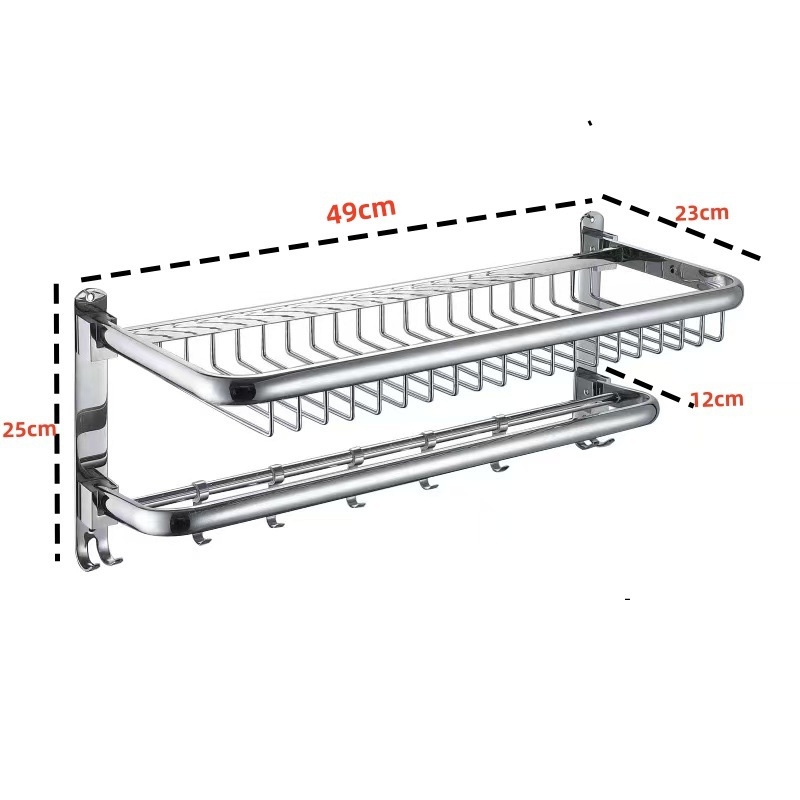 Sienas dvieļu plaukts, 1 kārta, no nerūsējošā tērauda 304, uzstādīšana bez urbšanas, slodze virs 10 lb