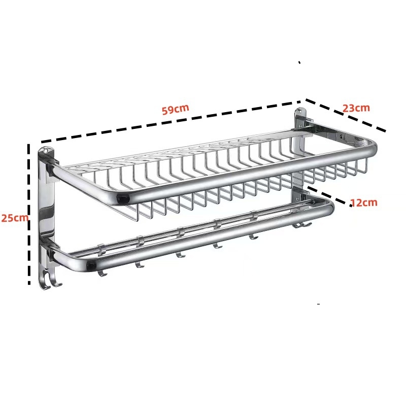 Sienas dvieļu plaukts, 1 kārta, no nerūsējošā tērauda 304, uzstādīšana bez urbšanas, slodze virs 10 lb