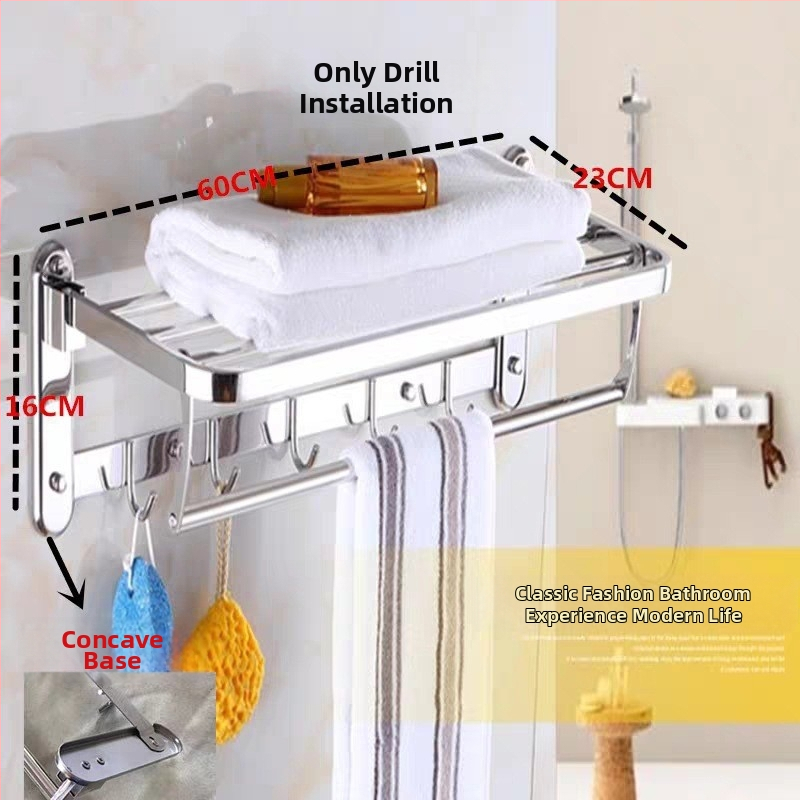 Sienas dvieļu plaukts, 1 kārta, no nerūsējošā tērauda 304, uzstādīšana bez urbšanas, slodze virs 10 lb