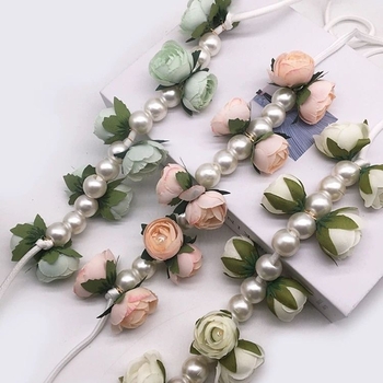 Pelello trak za zavjese s vijencem od umjetnih cvjetova i nizu perli, DIY ručna izrada, materijal: kemijska vlakna, moderan i jednostavan stil, prilagodljivo