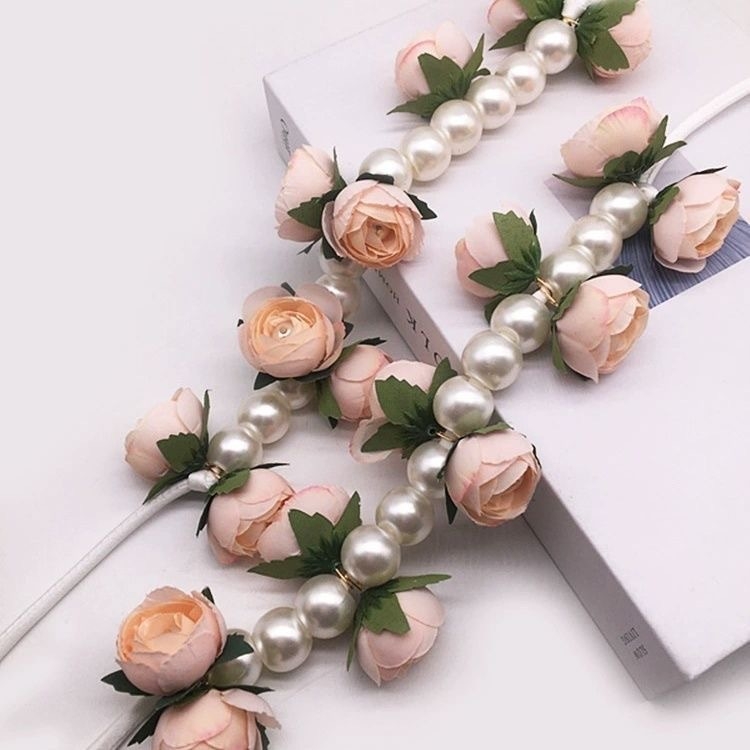 Pelello trak za zavjese s vijencem od umjetnih cvjetova i nizu perli, DIY ručna izrada, materijal: kemijska vlakna, moderan i jednostavan stil, prilagodljivo