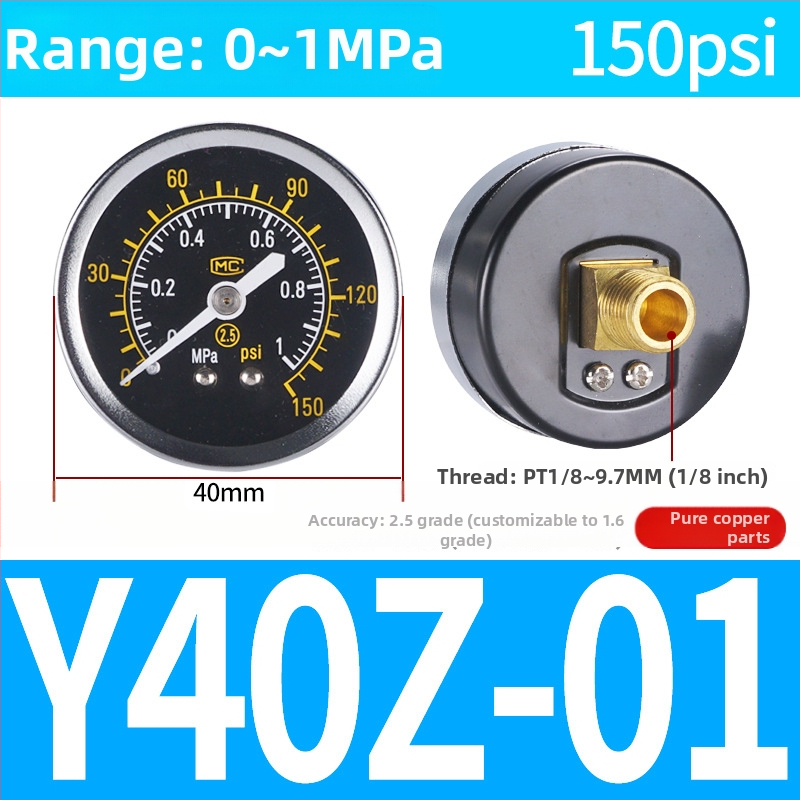 Precizitātes spiediena mērinstrumenta gaisa kompresoram, 40 mm nominālais diametrs, diapazons 0-1, precizitātes klase 1.6, modelis Y40-01, NGS
