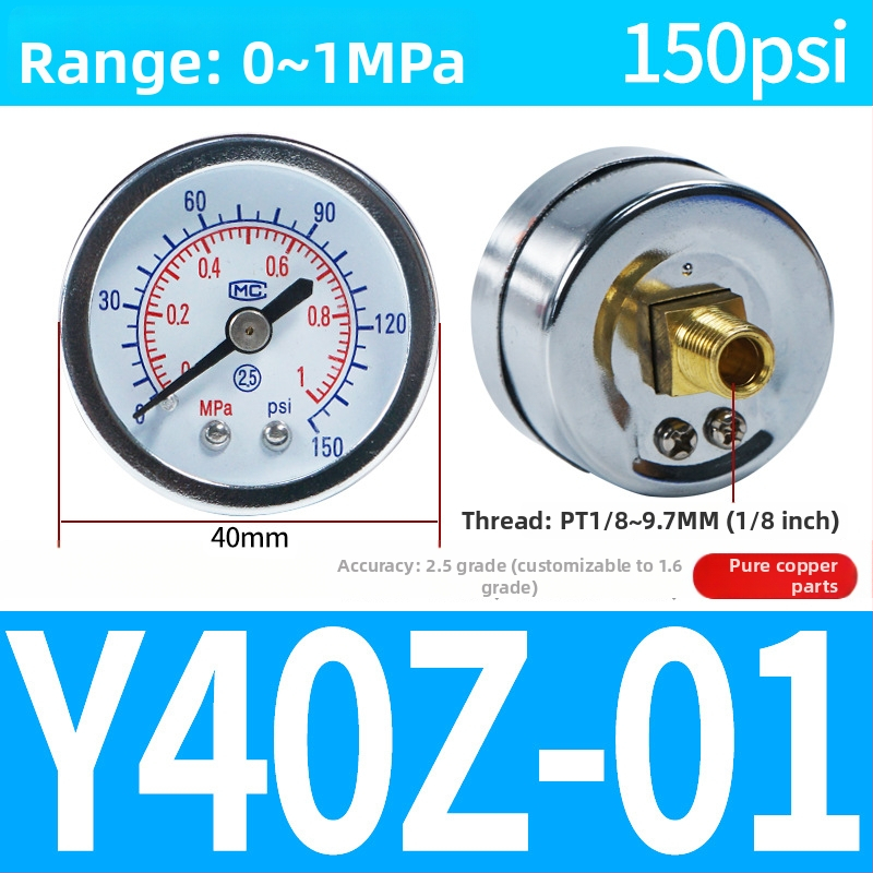 Precizitātes spiediena mērinstrumenta gaisa kompresoram, 40 mm nominālais diametrs, diapazons 0-1, precizitātes klase 1.6, modelis Y40-01, NGS