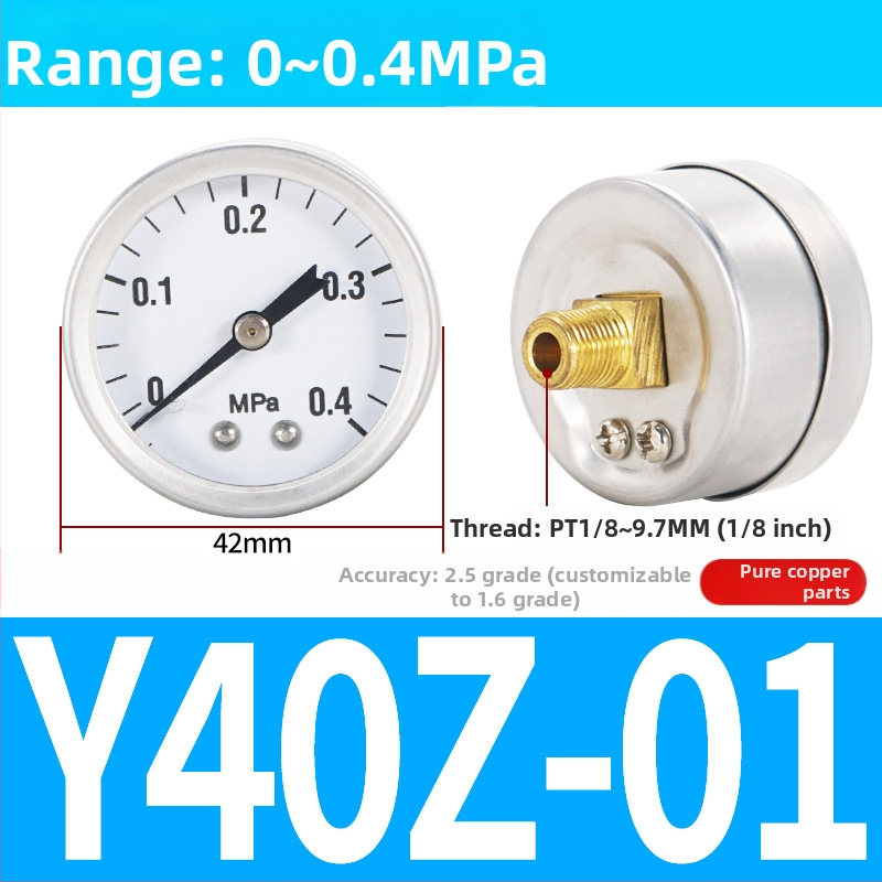 Precizitātes spiediena mērinstrumenta gaisa kompresoram, 40 mm nominālais diametrs, diapazons 0-1, precizitātes klase 1.6, modelis Y40-01, NGS