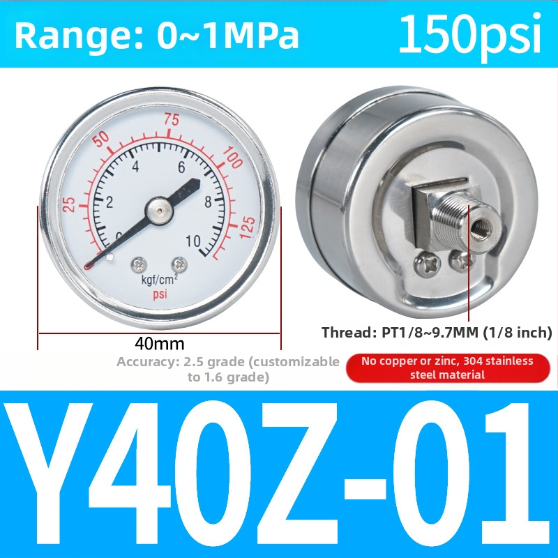 Precizitātes spiediena mērinstrumenta gaisa kompresoram, 40 mm nominālais diametrs, diapazons 0-1, precizitātes klase 1.6, modelis Y40-01, NGS