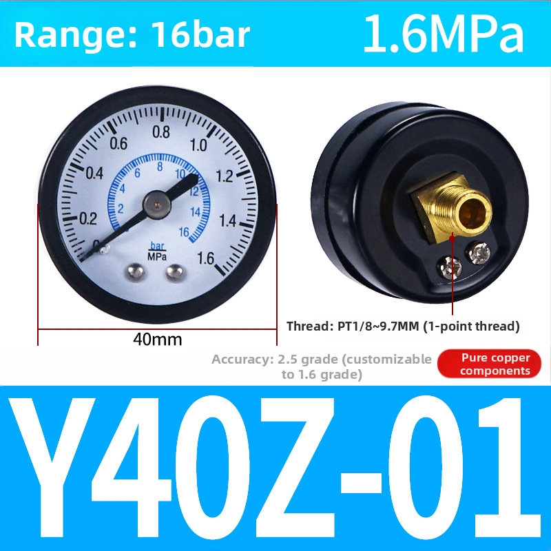 Precizitātes spiediena mērinstrumenta gaisa kompresoram, 40 mm nominālais diametrs, diapazons 0-1, precizitātes klase 1.6, modelis Y40-01, NGS