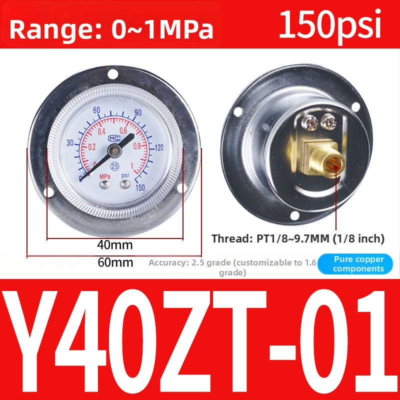 Precizitātes spiediena mērinstrumenta gaisa kompresoram, 40 mm nominālais diametrs, diapazons 0-1, precizitātes klase 1.6, modelis Y40-01, NGS