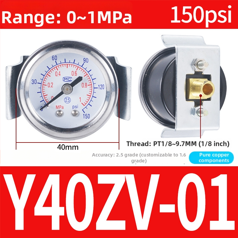 Precizitātes spiediena mērinstrumenta gaisa kompresoram, 40 mm nominālais diametrs, diapazons 0-1, precizitātes klase 1.6, modelis Y40-01, NGS