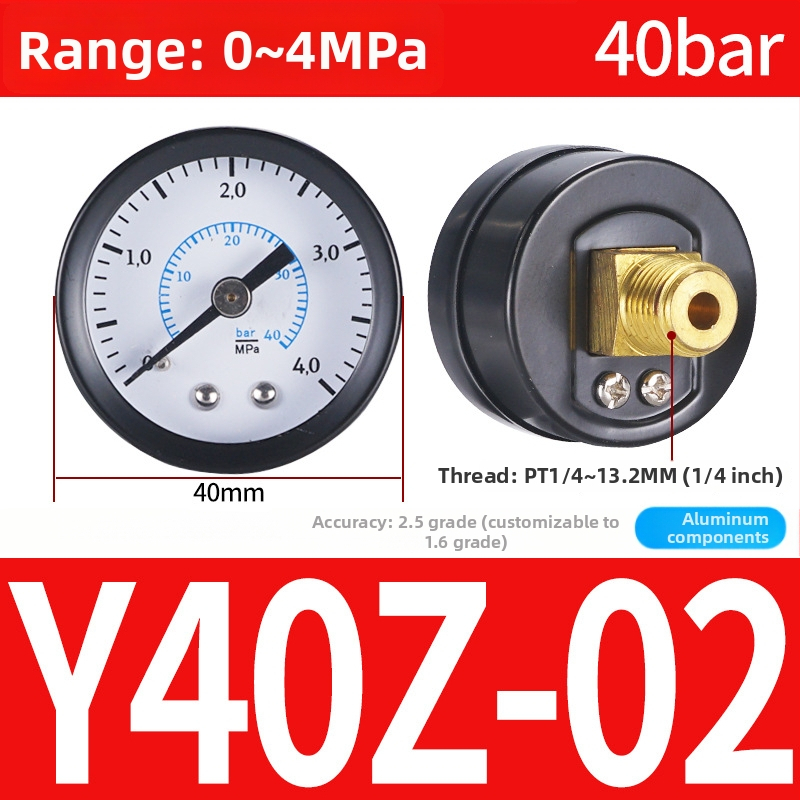 Precizitātes spiediena mērinstrumenta gaisa kompresoram, 40 mm nominālais diametrs, diapazons 0-1, precizitātes klase 1.6, modelis Y40-01, NGS