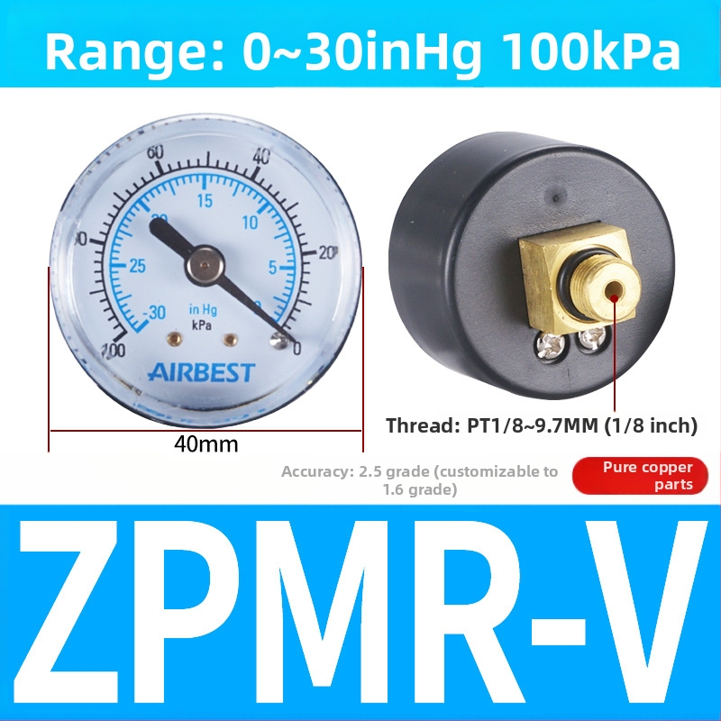 Precizitātes spiediena mērinstrumenta gaisa kompresoram, 40 mm nominālais diametrs, diapazons 0-1, precizitātes klase 1.6, modelis Y40-01, NGS
