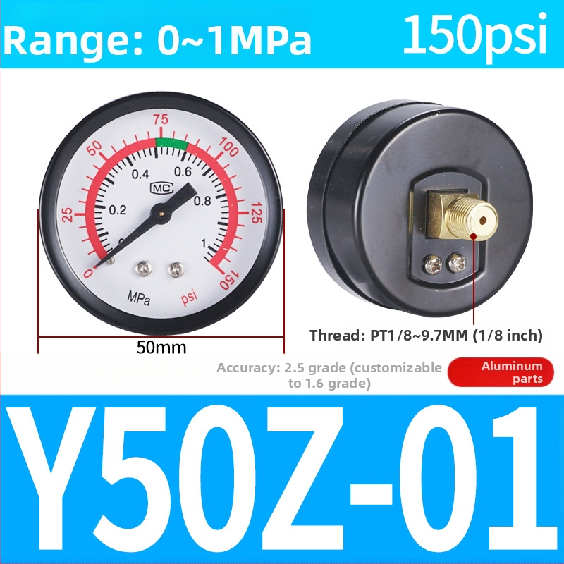 Precizitātes spiediena mērinstrumenta gaisa kompresoram, 40 mm nominālais diametrs, diapazons 0-1, precizitātes klase 1.6, modelis Y40-01, NGS