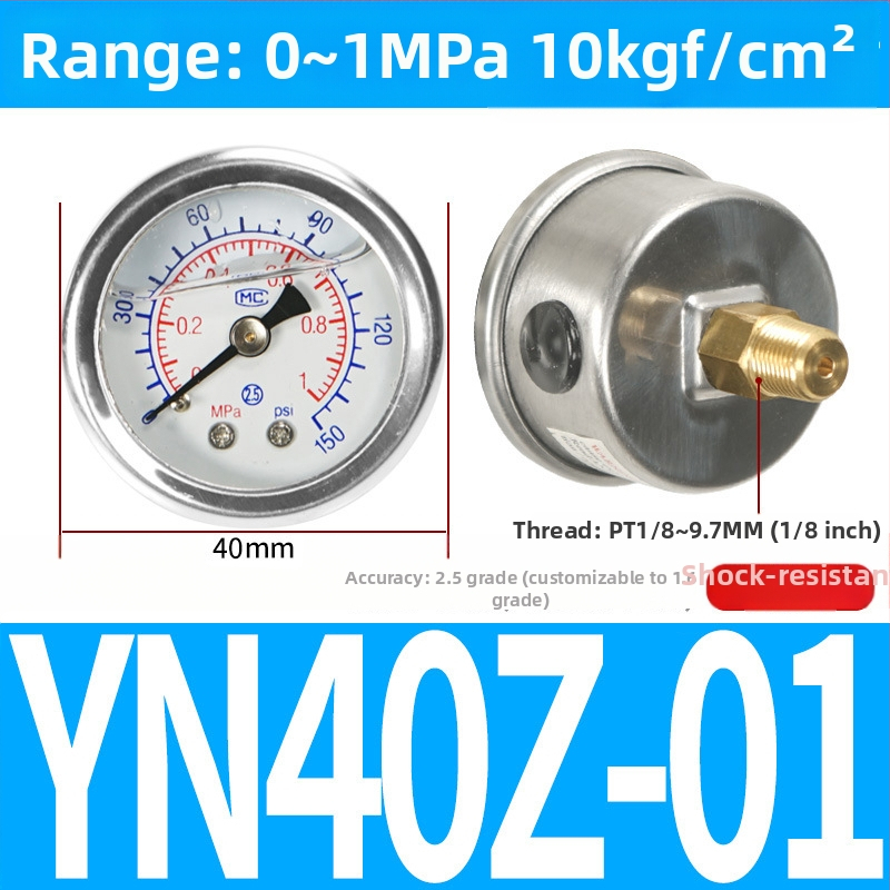 Precizitātes spiediena mērinstrumenta gaisa kompresoram, 40 mm nominālais diametrs, diapazons 0-1, precizitātes klase 1.6, modelis Y40-01, NGS