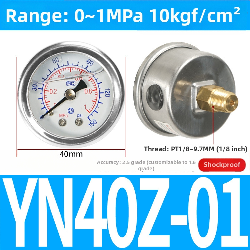 Precīzs spiediena mērītājs gaisa kompresoriem, modelis Y40-01, diapazons 0-1, precizitāte 1.6, darba temperatūra 0-50°C