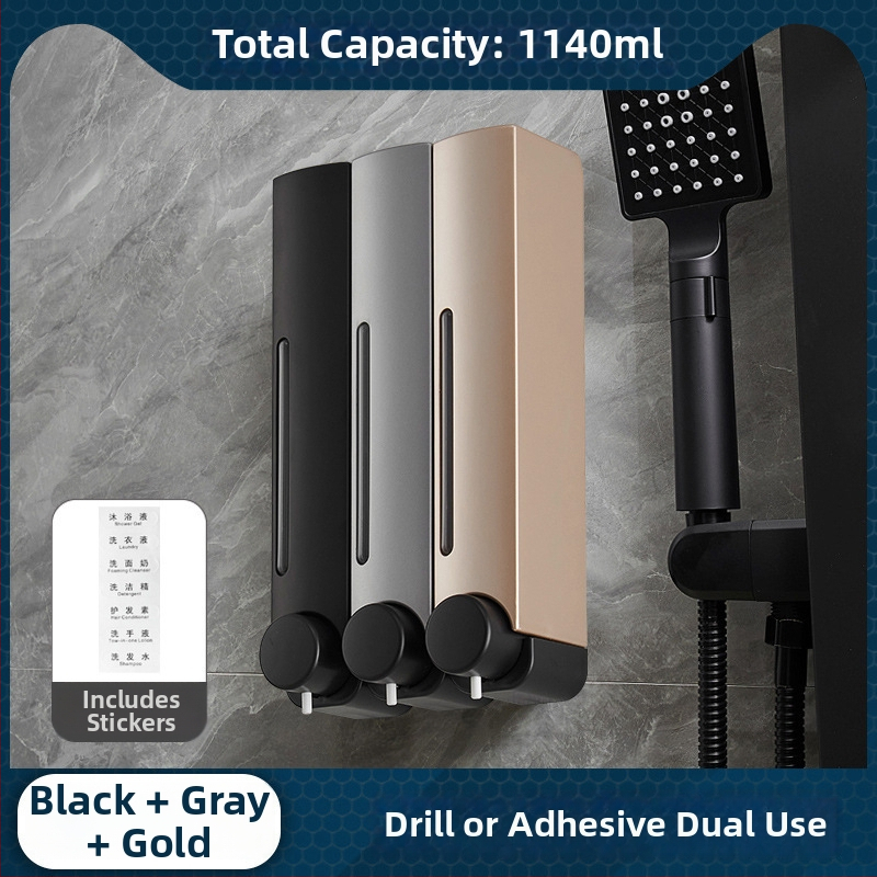 Sienas ziepju dozators bez nagiem, ar manuālu spiedienu, ABS materiāls, oksidēta apdare, mūsdienīgs minimālisma stils