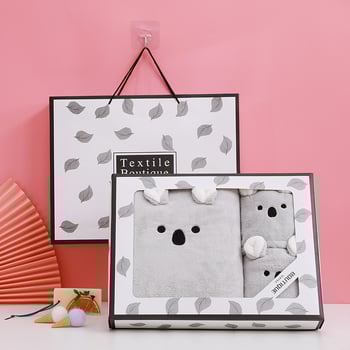 Set de prosoape pentru copii din fleece coral, în cutie cadou, cu logo ursuleț cu urechi, Warp knitted, 301–350 g