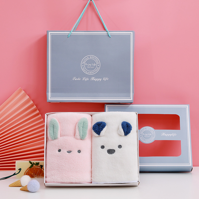 Set de prosoape pentru copii din fleece coral, în cutie cadou, cu logo ursuleț cu urechi, Warp knitted, 301–350 g