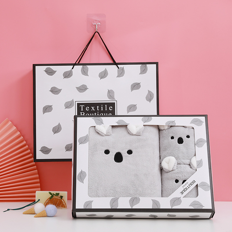 Set de prosoape pentru copii din fleece coral, în cutie cadou, cu logo ursuleț cu urechi, Warp knitted, 301–350 g