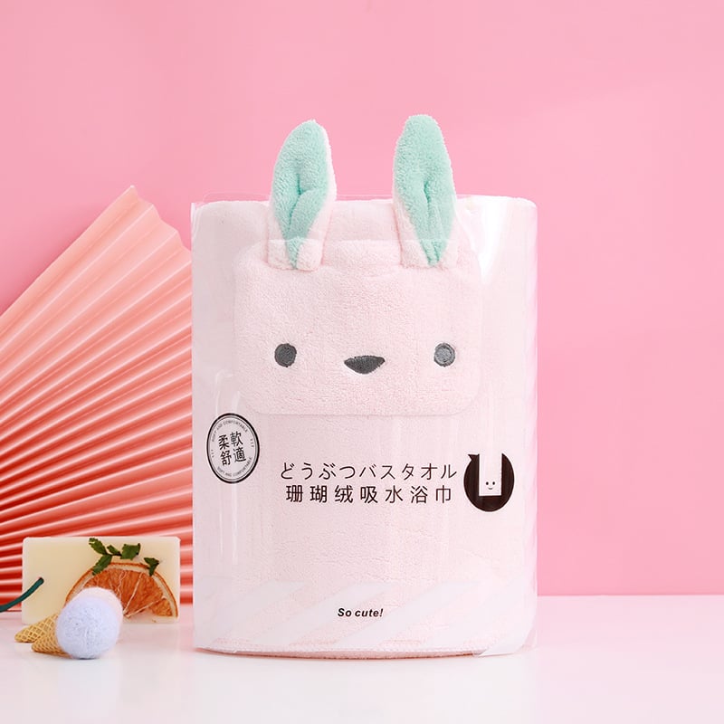 Set de prosoape pentru copii din fleece coral, în cutie cadou, cu logo ursuleț cu urechi, Warp knitted, 301–350 g