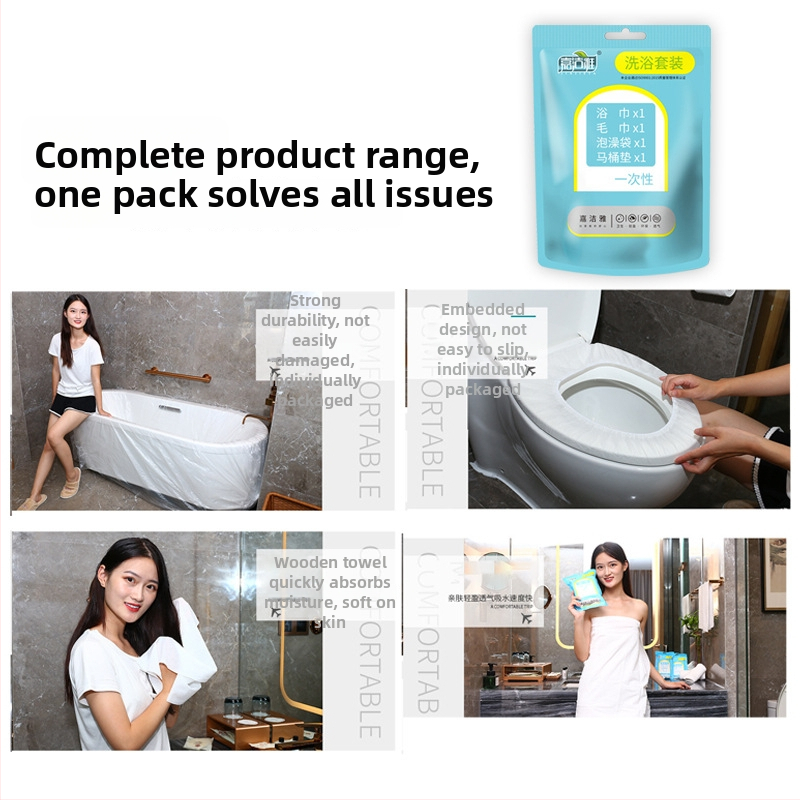 Ühekordne reisikomplekt: eraldi pakendatud vannirätik, pehme ja imav, mittekangast materjal, peamine koostis - puuvill, lihtne kudumine, ühekordseks kasutamiseks