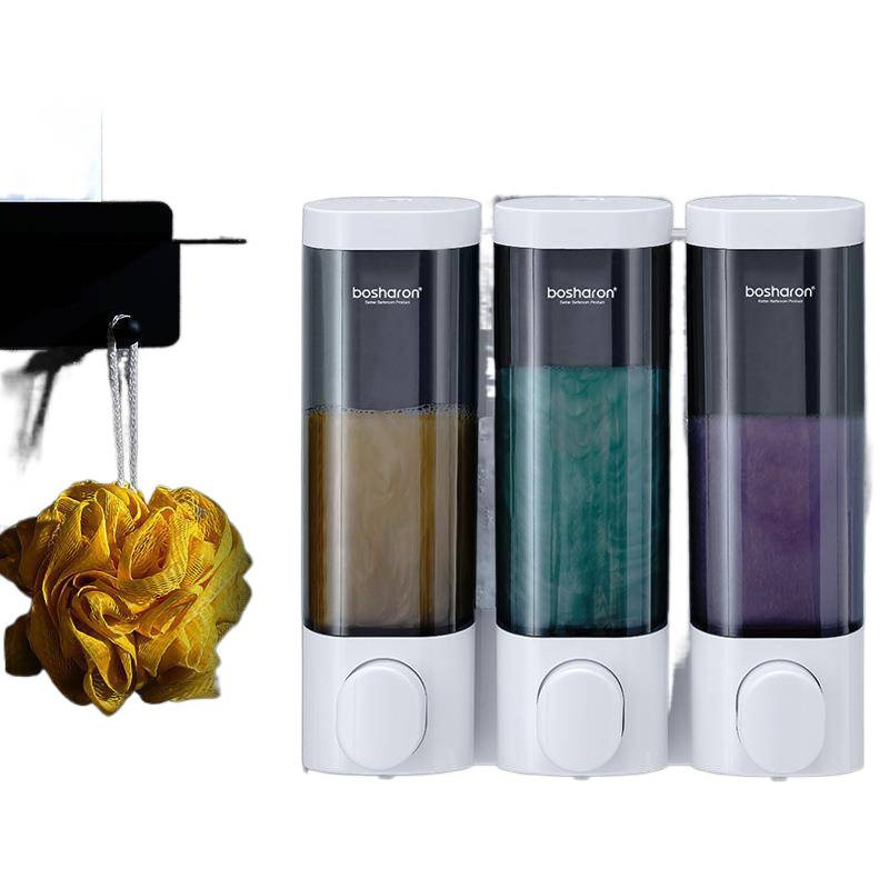 Пластмасов стенен дозатор с помпа за душ гел и сапун за ръце - без пробиване, ръчно натискане