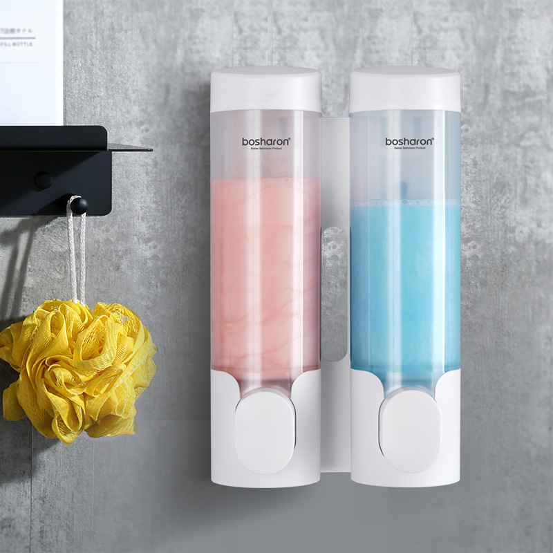 Пластмасов стенен дозатор с помпа за душ гел и сапун за ръце - без пробиване, ръчно натискане