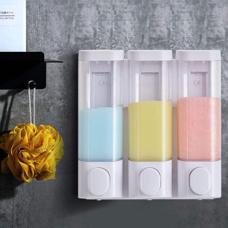 Пластмасов стенен дозатор с помпа за душ гел и сапун за ръце - без пробиване, ръчно натискане