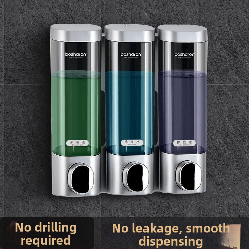 Sienas montējams dušas želejas un šķidrā ziepju dozētājs – plastmasas korpuss, uzstādīšana bez urbumiem, manuāla spiediena darbība