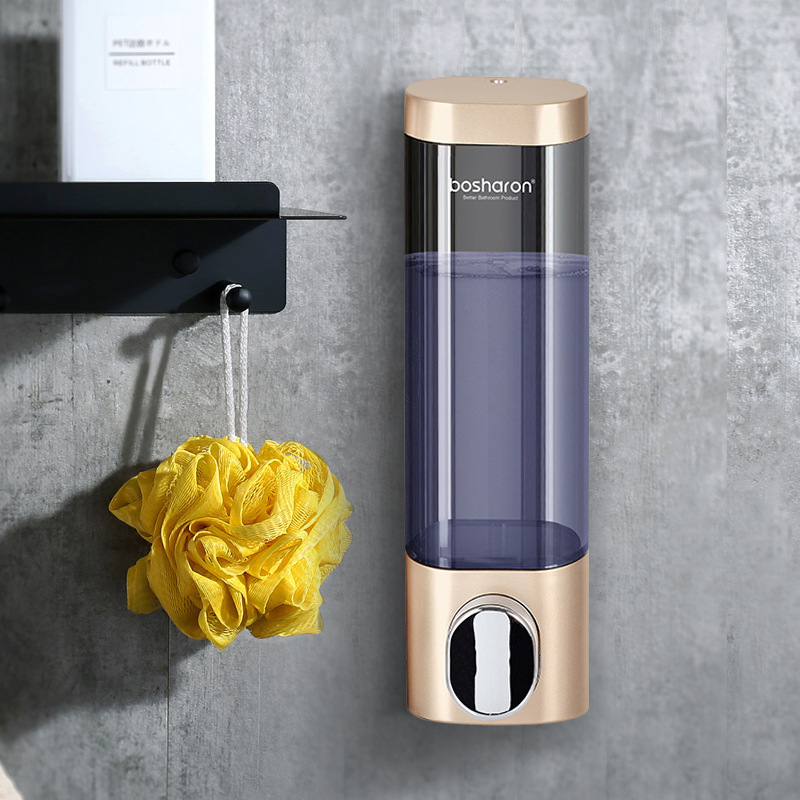 Стенно монтиран диспенсър за душ гел и течен сапун – пластмасов корпус, без пробиване, ръчно натискане