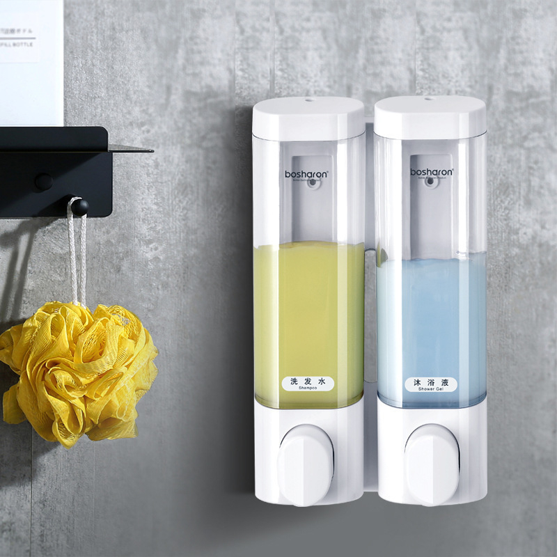 Стенно монтиран диспенсър за душ гел и течен сапун – пластмасов корпус, без пробиване, ръчно натискане