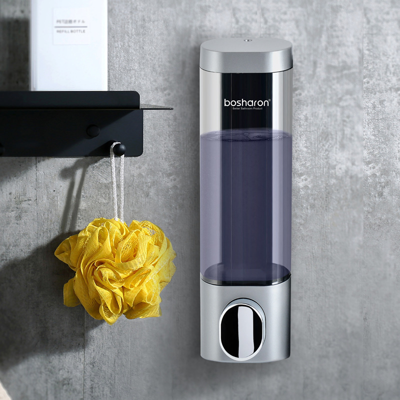 Дозатор за течности със стенен монтаж без пробиване, пластмасов, ръчно натискане, за баня или кухня