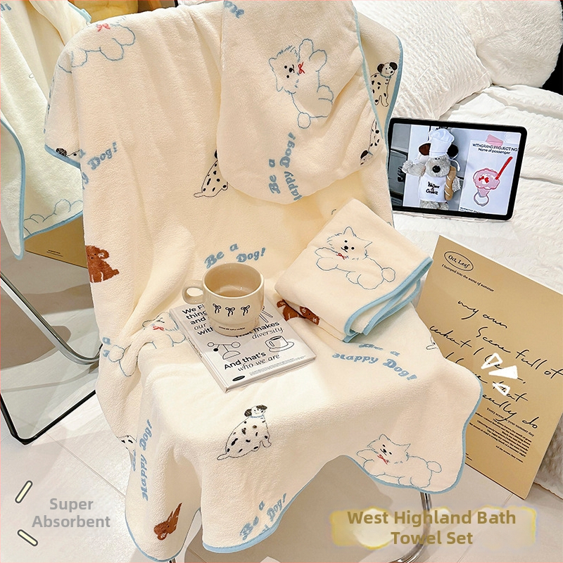 Trojedini set kupaonskih ručnika: ručnik za kupaonicu, ručnik za kosu, kapa za sušenje kose; coral fleece materijal; 400–500 g; 32 niti; šivanje, obična tkanina