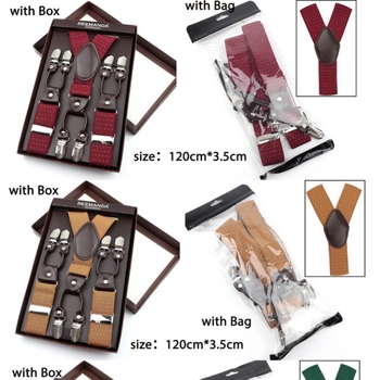 Uniszex hatklipszes suspenderek, rugalmasak és állíthatók; anyag: poliészter szál gumírozott szalag; gyártási folyamat: Computer Jacquard