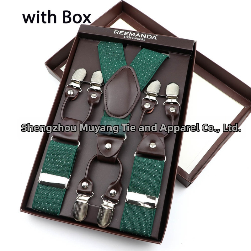 Unisex kuue klipsiga suspenderid, elastsed ja reguleeritavad; materjal: polüesterniit koos kummipaelaga; tootmisprotsess: Computer Jacquard