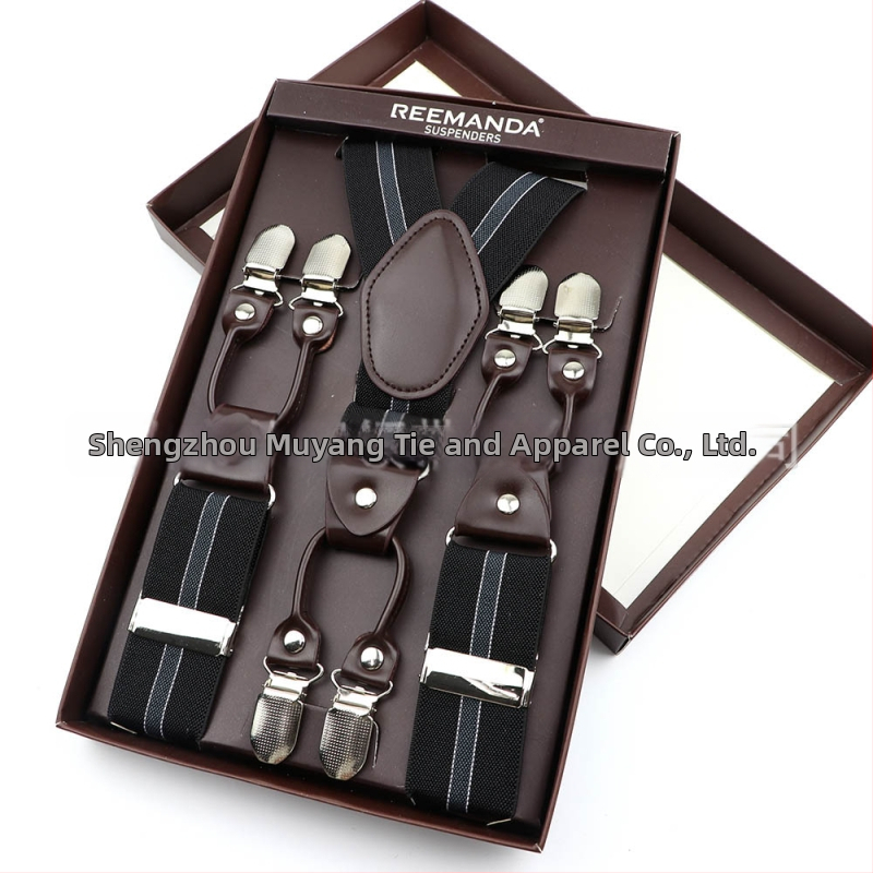 Unisex kuue klipsiga suspenderid, elastsed ja reguleeritavad; materjal: polüesterniit koos kummipaelaga; tootmisprotsess: Computer Jacquard