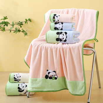 Set prosoape baie pentru copii cu design panda, fleece coral, 350 g/m², prosoape corp și față, țesătură simplă