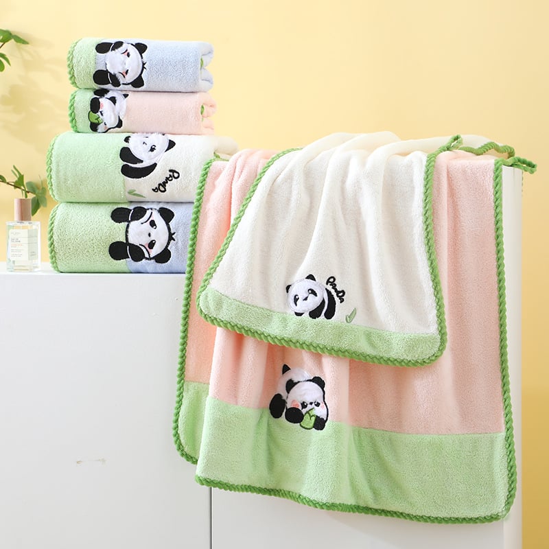 Set prosoape baie pentru copii cu design panda, fleece coral, 350 g/m², prosoape corp și față, țesătură simplă